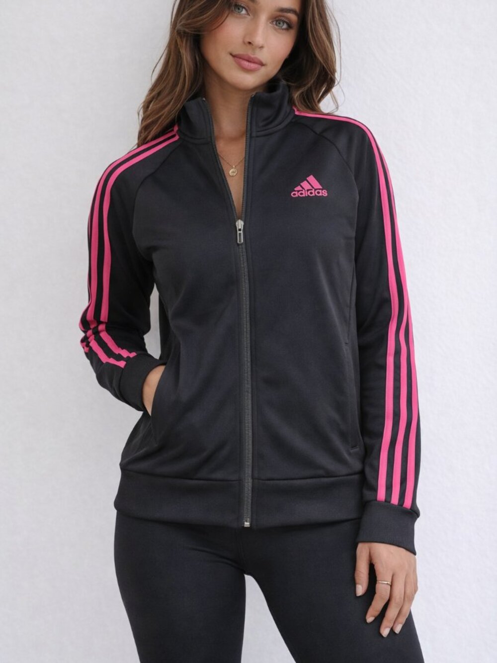Adidas Black Zip Track Jacket Pink Stripes - Picture 1 of 10